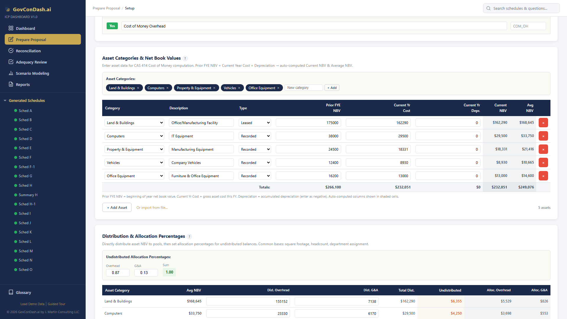 Cost of Money asset entry in the ICP Dashboard wizard