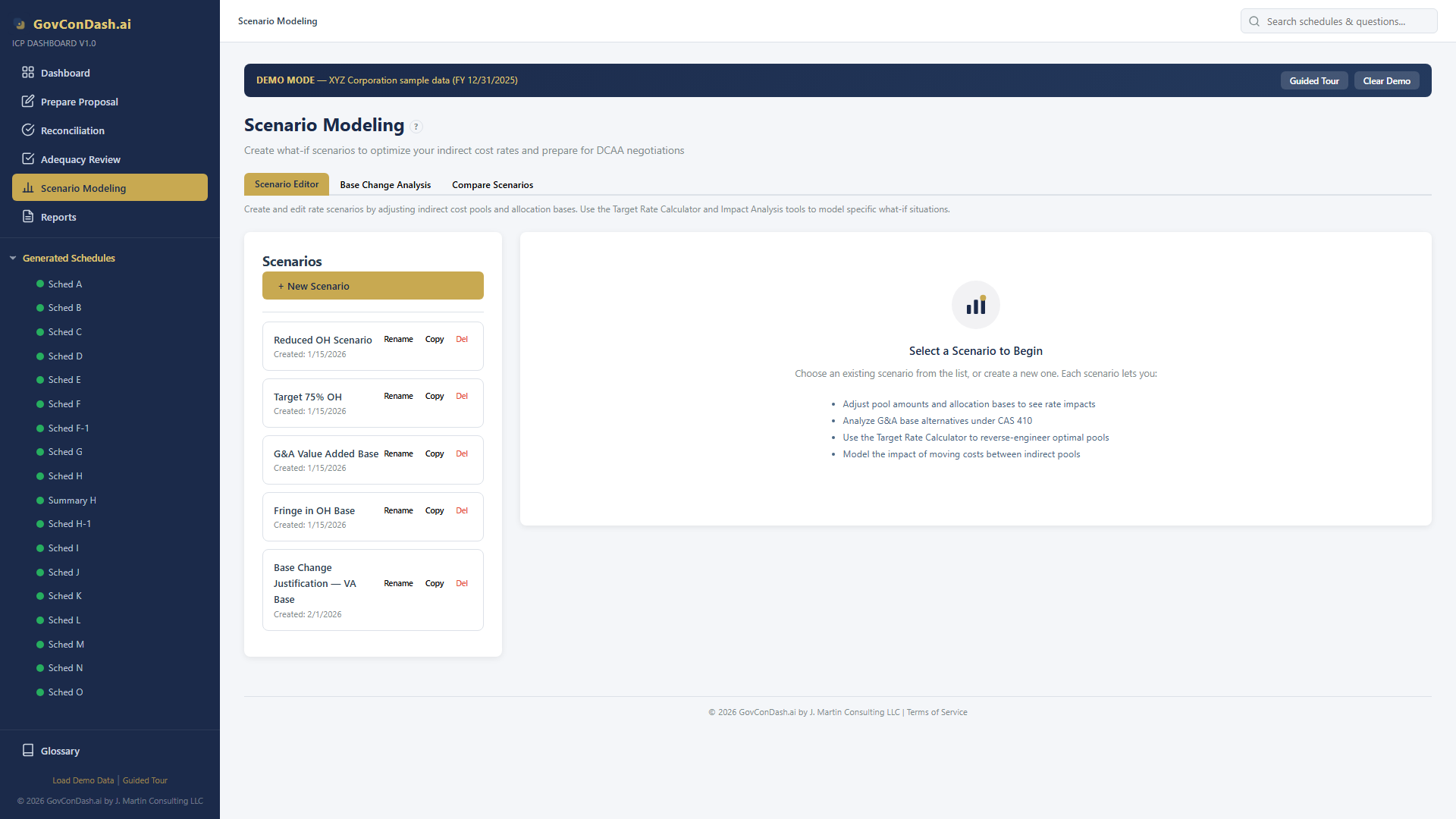 Scenario list with 5 pre-built scenarios