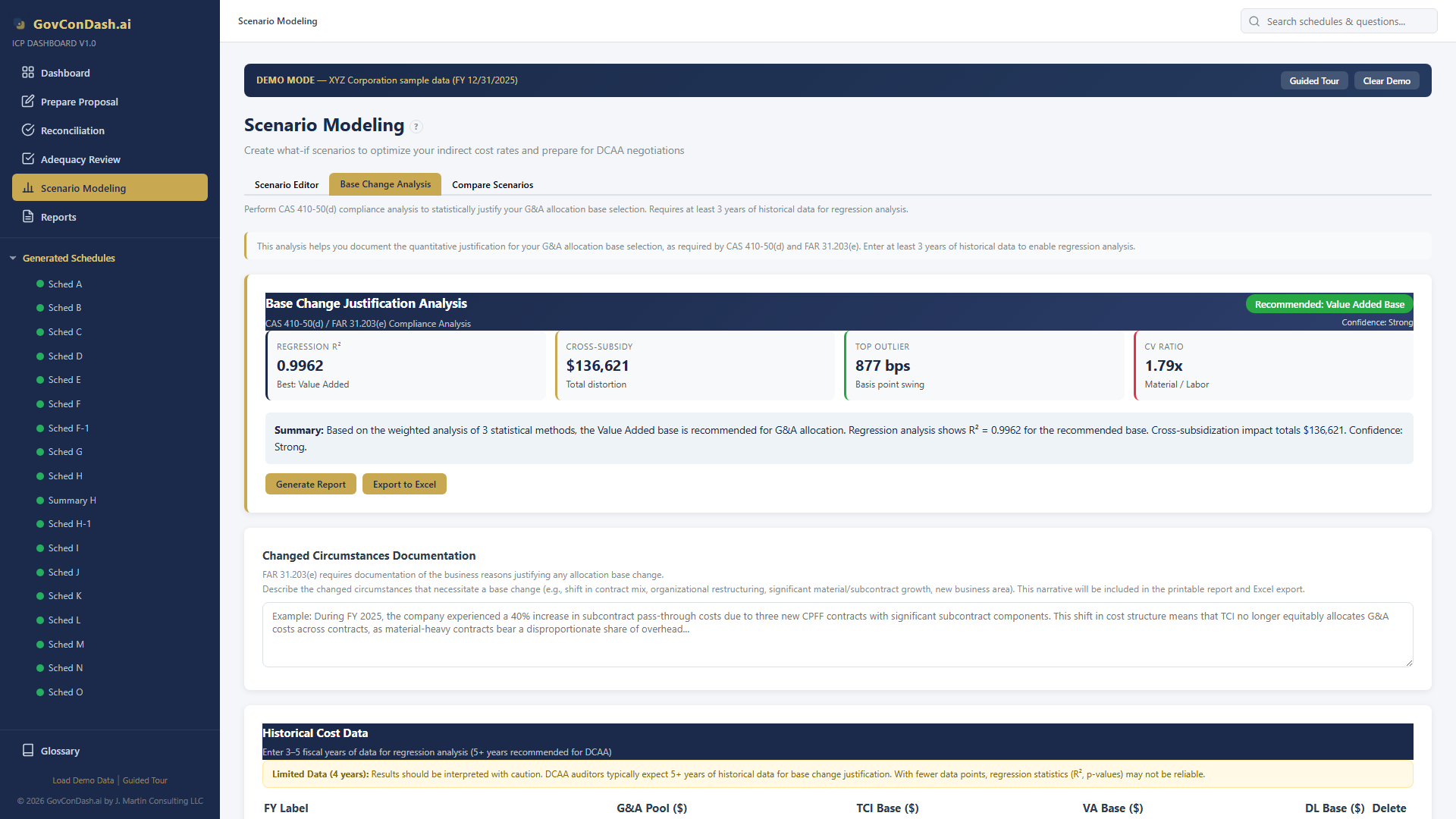 Base change analysis tab